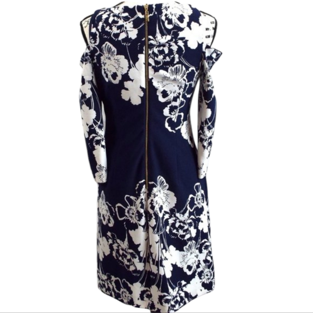 Eliza J Navy Blue and White Cold Shoulder Floral Pansy Print Dress Size 6 - Picture 8 of 12